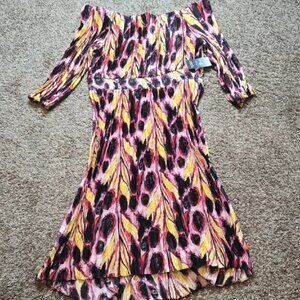 Terra & Sky Black Label Plus Size 0X 14W Watercolor Feathers Midi Dress